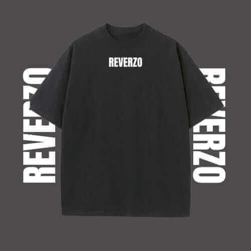 Fashionable black oversized tee featuring REVERZO graphic, ideal for summer style and comfort.